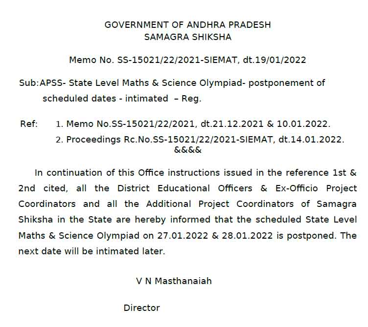 APSS- State Level Maths & Science Olympiad- postponement of scheduled dates - intimated